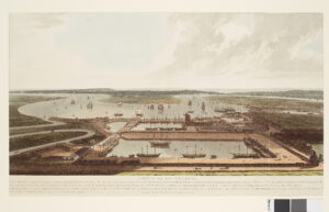 Illustration of the East India Dock along Thames River, London, operated by the East India Company. Shows the importance of commerce from Indian Ocean.