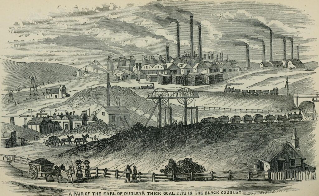 Illustration of early industrial Birmingham, England, where many weapons were made.