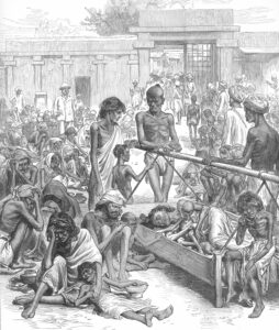 Asia suffered massive famines across the second half of the nineteenth century in the age of European imperial expansion. This illustration depicts Indian famine victims.