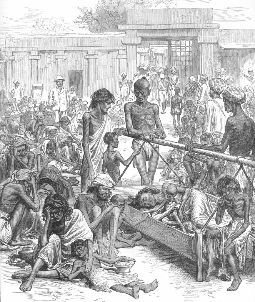 Asia suffered massive famines across the second half of the nineteenth century in the age of European imperial expansion. This illustration depicts Indian famine victims.