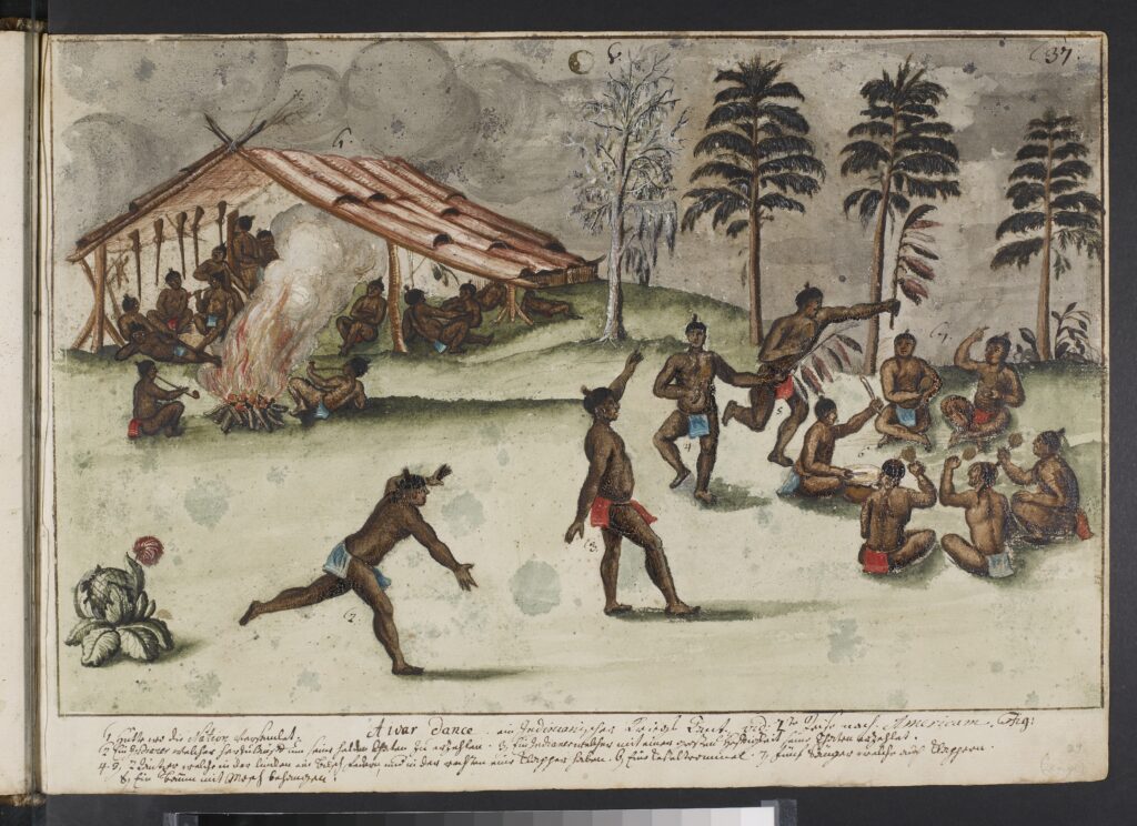 Guns became vitally important to American Indian societies. This painting from the eighteenth century shows guns hanging from a Chickasaw building.