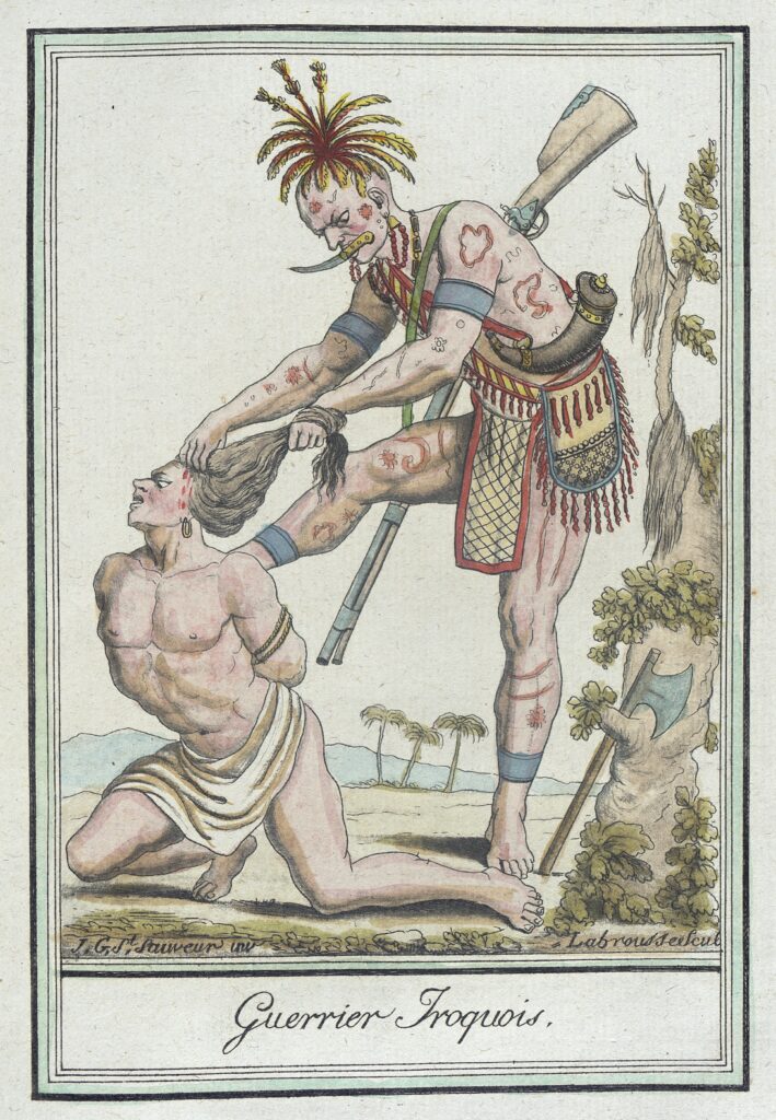 Western weapons transformed Indian societies, including the Iroquois. This illustration of a warrior includes a musket and scalping knife.