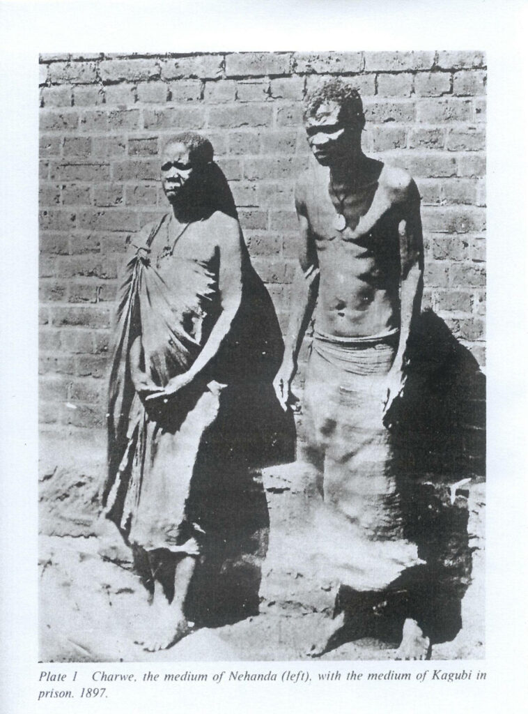 This is a photograph of two of the religious prophets who led the massive rebellion in what was then Southern Rhodesia in the closing years of the nineteenth century. Both were hanged and buried in an unmarked grave.