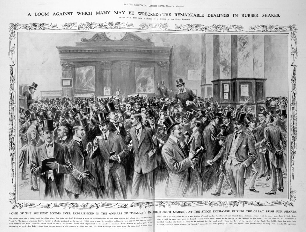 For a while, the West went rubber-made. Latex from Africa, the Amazon, and Asia transformed the world. Rubber made many wealthy and encouraged wild financial speculation, as this illustration demonstrates.