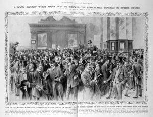 For a while, the West went rubber-made. Latex from Africa, the Amazon, and Asia transformed the world. Rubber made many wealthy and encouraged wild financial speculation, as this illustration demonstrates.