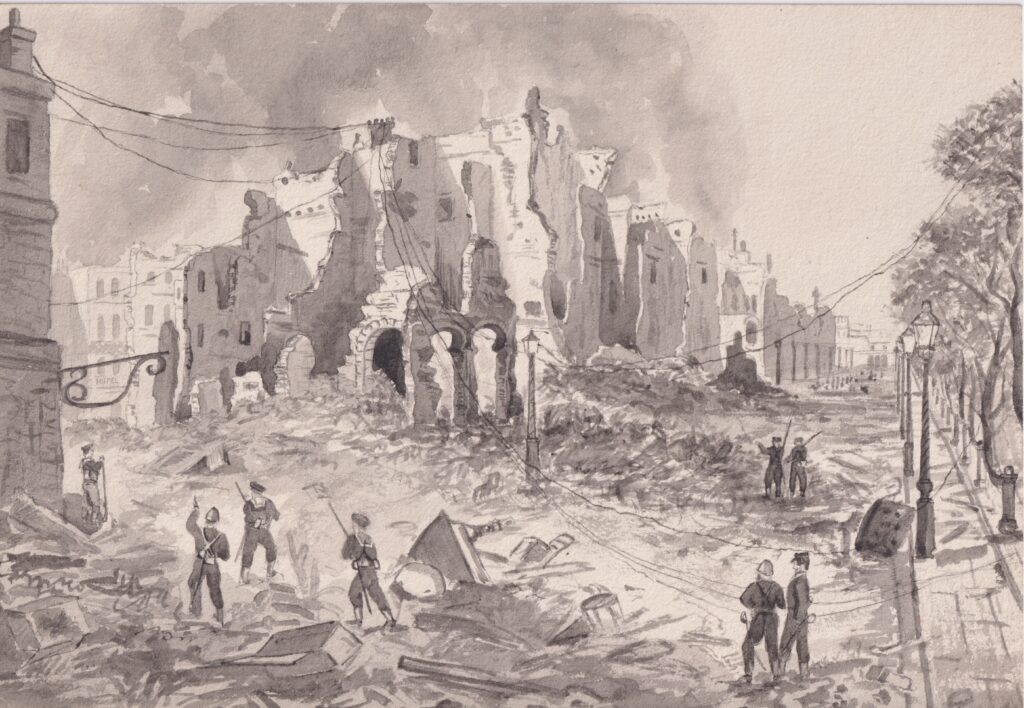 This illustration depicts the aftermath of the British bombing of Alexandria, Egypt, a crucial moment in the rise of formal empire on the African continent.