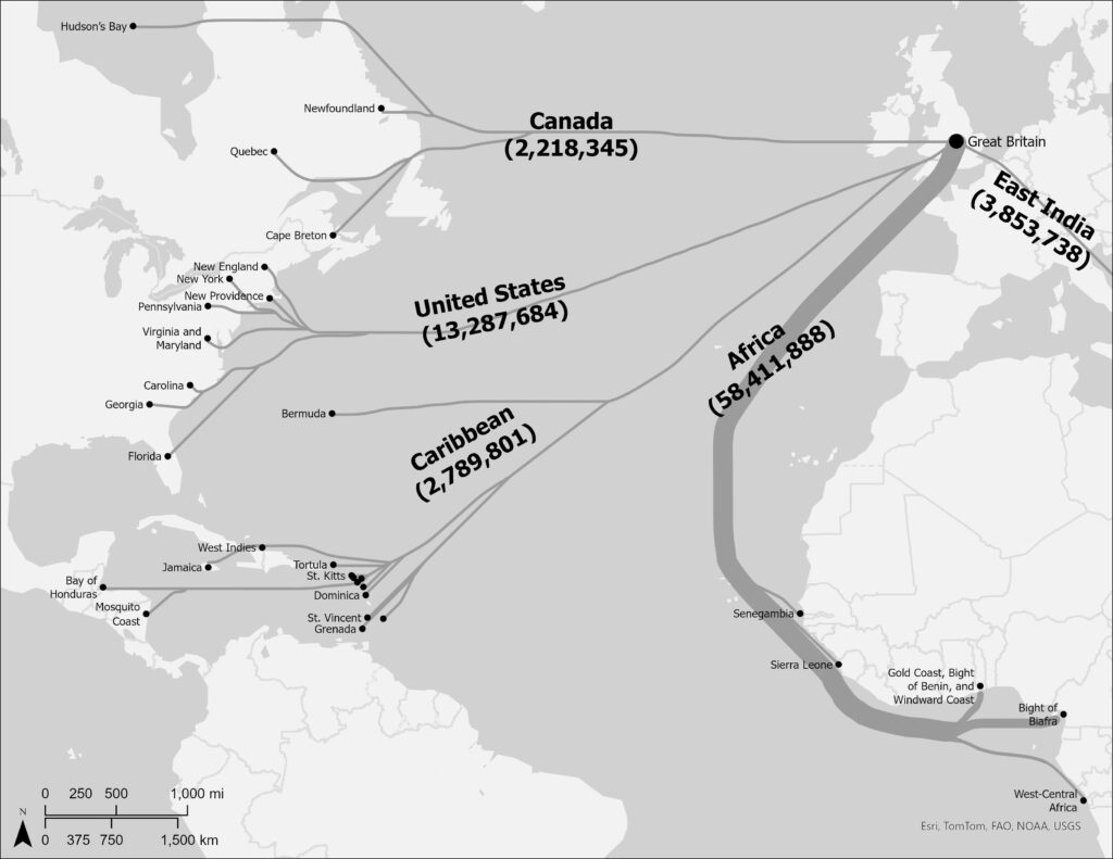 Using records held in the National Archives in London, this map shows the flow of British gunpowder during the eighteenth century. A majority of exports went to Africa, fueling the Atlantic slave trade.