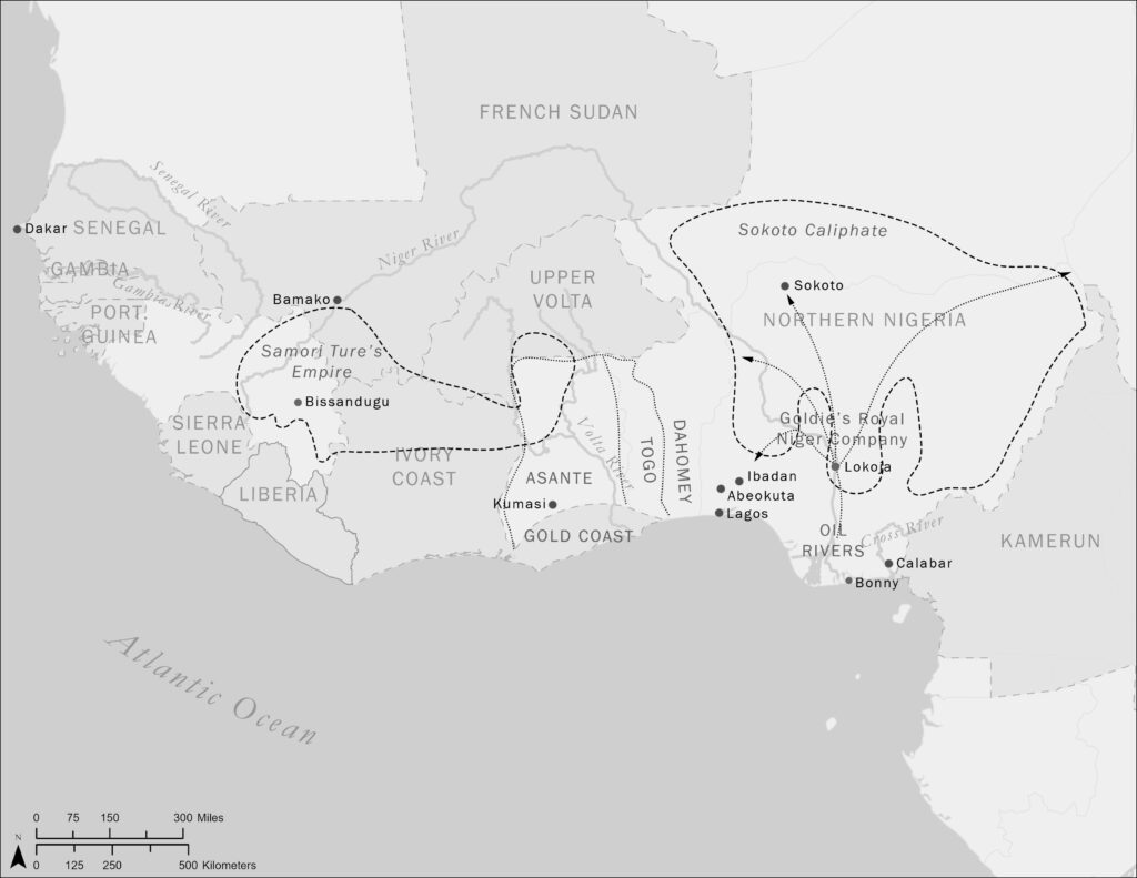 This map illustrates West Africa in the age of European imperialism and political convulsion in the second half of the nineteenth century.