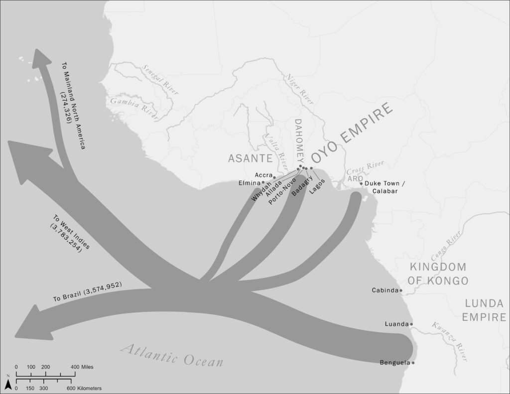 This map shows the movement of enslaved peoples from West and West-Central Africa.