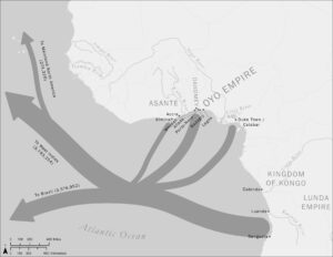 This map shows the movement of enslaved peoples from West and West-Central Africa.