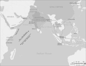 This map relates to Map 5.1 but moves eastward to incorporate the rest of the Indian Ocean world, including Indonesia, China, and South Asia.